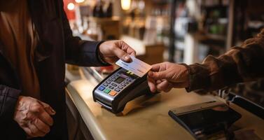 A customer at a cafe or restaurant completes a seamless transaction, using a credit card to pay at the cashier, showcasing the convenience of digital payment in the dining experience photo