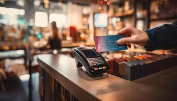 A customer at a cafe or restaurant completes a seamless transaction, using a credit card to pay at the cashier, showcasing the convenience of digital payment in the dining experience photo