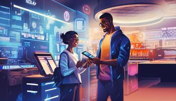 Man and Woman Using Contactless Payment with a Credit Card for a Seamless Transaction.Generated image photo