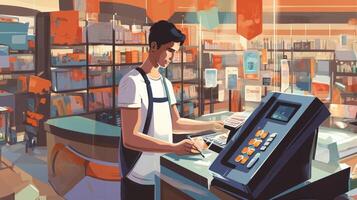 A customer at a cafe or restaurant completes a seamless transaction, using a credit card to pay at the cashier, showcasing the convenience of digital payment in the dining experience photo