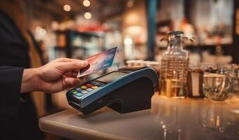 A customer at a cafe or restaurant completes a seamless transaction, using a credit card to pay at the cashier, showcasing the convenience of digital payment in the dining experience photo
