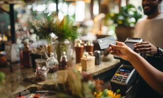 A customer at a cafe or restaurant completes a seamless transaction, using a credit card to pay at the cashier, showcasing the convenience of digital payment in the dining experience photo