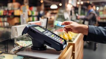 A customer at a cafe or restaurant completes a seamless transaction, using a credit card to pay at the cashier, showcasing the convenience of digital payment in the dining experience photo