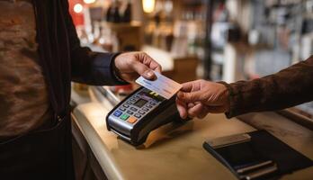 A customer at a cafe or restaurant completes a seamless transaction, using a credit card to pay at the cashier, showcasing the convenience of digital payment in the dining experience photo