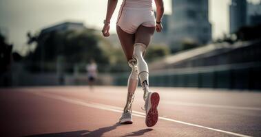A determined professional athlete, equipped with adaptive sports gear, showcases resilience and commitment while training, embodying the spirit of inclusive athleticism and overcoming photo