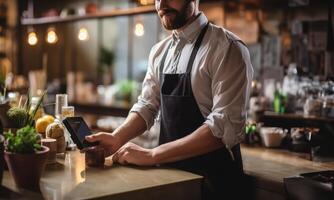 A customer at a cafe or restaurant completes a seamless transaction, using a credit card to pay at the cashier, showcasing the convenience of digital payment in the dining experience photo