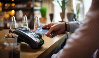 A customer at a cafe or restaurant completes a seamless transaction, using a credit card to pay at the cashier, showcasing the convenience of digital payment in the dining experience photo