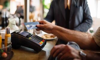 A customer at a cafe or restaurant completes a seamless transaction, using a credit card to pay at the cashier, showcasing the convenience of digital payment in the dining experience photo