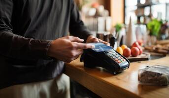 A customer at a cafe or restaurant completes a seamless transaction, using a credit card to pay at the cashier, showcasing the convenience of digital payment in the dining experience photo