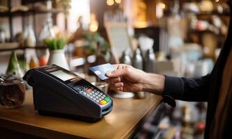 A customer at a cafe or restaurant completes a seamless transaction, using a credit card to pay at the cashier, showcasing the convenience of digital payment in the dining experience photo