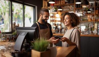 A customer at a cafe or restaurant completes a seamless transaction, using a credit card to pay at the cashier, showcasing the convenience of digital payment in the dining experience photo