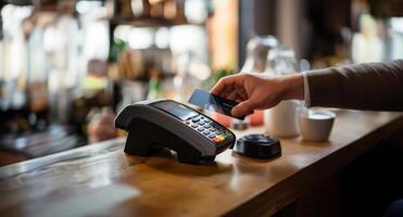 A customer at a cafe or restaurant completes a seamless transaction, using a credit card to pay at the cashier, showcasing the convenience of digital payment in the dining experience photo
