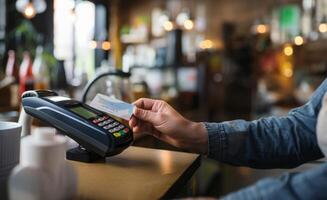 A customer at a cafe or restaurant completes a seamless transaction, using a credit card to pay at the cashier, showcasing the convenience of digital payment in the dining experience photo