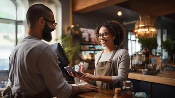 A customer at a cafe or restaurant completes a seamless transaction, using a credit card to pay at the cashier, showcasing the convenience of digital payment in the dining experience photo