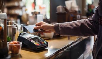 A customer at a cafe or restaurant completes a seamless transaction, using a credit card to pay at the cashier, showcasing the convenience of digital payment in the dining experience photo