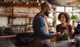 A customer at a cafe or restaurant completes a seamless transaction, using a credit card to pay at the cashier, showcasing the convenience of digital payment in the dining experience photo