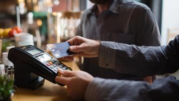 A customer at a cafe or restaurant completes a seamless transaction, using a credit card to pay at the cashier, showcasing the convenience of digital payment in the dining experience photo