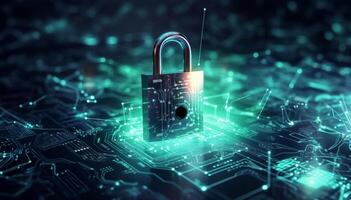A modern depiction of cybersecurity and data privacy on the internet, illustrated by a conceptual image featuring digital locks safeguarding business and financial data, emphasizing the photo