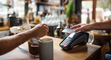 A customer at a cafe or restaurant completes a seamless transaction, using a credit card to pay at the cashier, showcasing the convenience of digital payment in the dining experience photo