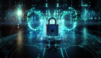 A modern depiction of cybersecurity and data privacy on the internet, illustrated by a conceptual image featuring digital locks safeguarding business and financial data, emphasizing the photo