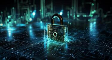 A modern depiction of cybersecurity and data privacy on the internet, illustrated by a conceptual image featuring digital locks safeguarding business and financial data, emphasizing the photo