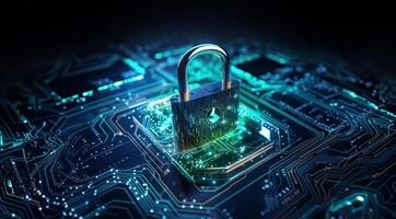 A modern depiction of cybersecurity and data privacy on the internet, illustrated by a conceptual image featuring digital locks safeguarding business and financial data, emphasizing the photo
