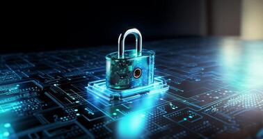 A modern depiction of cybersecurity and data privacy on the internet, illustrated by a conceptual image featuring digital locks safeguarding business and financial data, emphasizing the photo