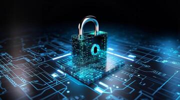 A modern depiction of cybersecurity and data privacy on the internet, illustrated by a conceptual image featuring digital locks safeguarding business and financial data, emphasizing the photo