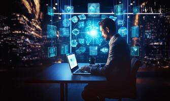 In a high-tech room surrounded by holograms, a male investor and analyst intensely focus on programming code, delving into the realm of cybersecurity, epitomizing the convergence of photo