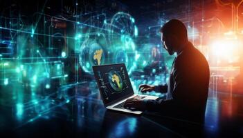 In a high-tech room surrounded by holograms, a male investor and analyst intensely focus on programming code, delving into the realm of cybersecurity, epitomizing the convergence of photo