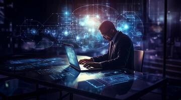 In a high-tech room surrounded by holograms, a male investor and analyst intensely focus on programming code, delving into the realm of cybersecurity, epitomizing the convergence of photo
