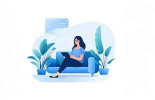 Seated comfortably on a sofa, a woman engages in the modern convenience of e-commerce, using a tablet to shop online and make digital purchases, capturing the essence of virtual retail photo