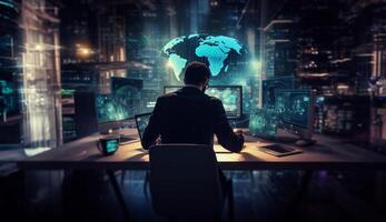 In a high-tech room surrounded by holograms, a male investor and analyst intensely focus on programming code, delving into the realm of cybersecurity, epitomizing the convergence of photo