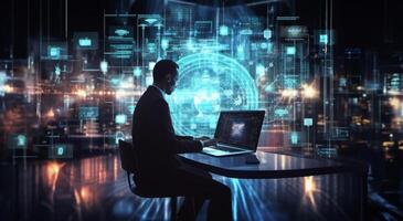 In a high-tech room surrounded by holograms, a male investor and analyst intensely focus on programming code, delving into the realm of cybersecurity, epitomizing the convergence of photo