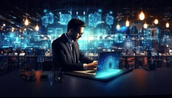 In a high-tech room surrounded by holograms, a male investor and analyst intensely focus on programming code, delving into the realm of cybersecurity, epitomizing the convergence of photo