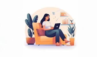 Seated comfortably on a sofa, a woman engages in the modern convenience of e-commerce, using a tablet to shop online and make digital purchases, capturing the essence of virtual retail photo