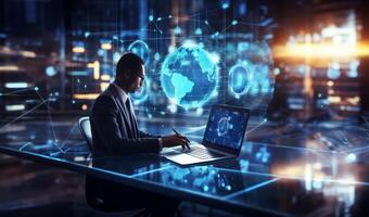 In a high-tech room surrounded by holograms, a male investor and analyst intensely focus on programming code, delving into the realm of cybersecurity, epitomizing the convergence of photo