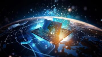 In the realm of financial concepts, an image captures the essence of a digital internet network with a global connection, highlighting the convenience of online payment through a digital photo