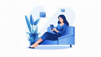 Seated comfortably on a sofa, a woman engages in the modern convenience of e-commerce, using a tablet to shop online and make digital purchases, capturing the essence of virtual retail photo