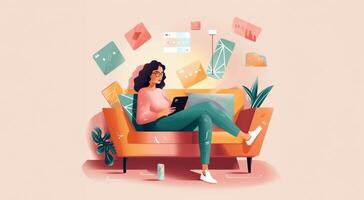 Seated comfortably on a sofa, a woman engages in the modern convenience of e-commerce, using a tablet to shop online and make digital purchases, capturing the essence of virtual retail photo