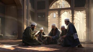 In the serene ambiance of a mosque during the holy month of Ramadan, a group of Muslim worshipers gathers, immersed in the spiritual practice of reading the Quran, fostering a sense of photo