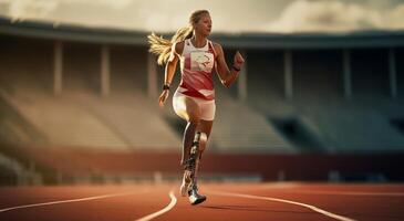 A determined professional athlete, equipped with adaptive sports gear, showcases resilience and commitment while training, embodying the spirit of inclusive athleticism and overcoming photo