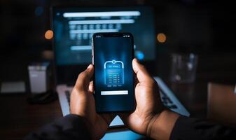 In a cybersecurity context, hands hold a smartphone displaying a login screen with a username and password, highlighting the importance of securing personal information and digital access photo