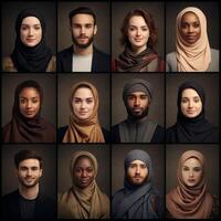 Capturing the richness of diversity, the photograph features individuals from ten different races and cultures adorned in Muslim attire, showcasing a harmonious blend of ethnicities photo