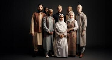 Capturing the richness of diversity, the photograph features individuals from ten different races and cultures adorned in Muslim attire, showcasing a harmonious blend of ethnicities photo