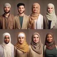 Capturing the richness of diversity, the photograph features individuals from ten different races and cultures adorned in Muslim attire, showcasing a harmonious blend of ethnicities photo