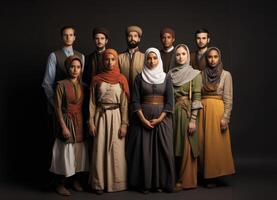 Capturing the richness of diversity, the photograph features individuals from ten different races and cultures adorned in Muslim attire, showcasing a harmonious blend of ethnicities photo