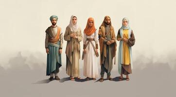 Capturing the richness of diversity, the photograph features individuals from ten different races and cultures adorned in Muslim attire, showcasing a harmonious blend of ethnicities photo