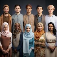 Capturing the richness of diversity, the photograph features individuals from ten different races and cultures adorned in Muslim attire, showcasing a harmonious blend of ethnicities photo