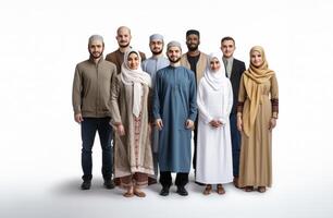 Capturing the richness of diversity, the photograph features individuals from ten different races and cultures adorned in Muslim attire, showcasing a harmonious blend of ethnicities photo